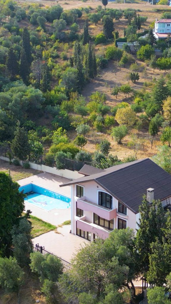 Zeytin ağaçları arasındaki havuzlu müstakil villanın drone görüntüsü