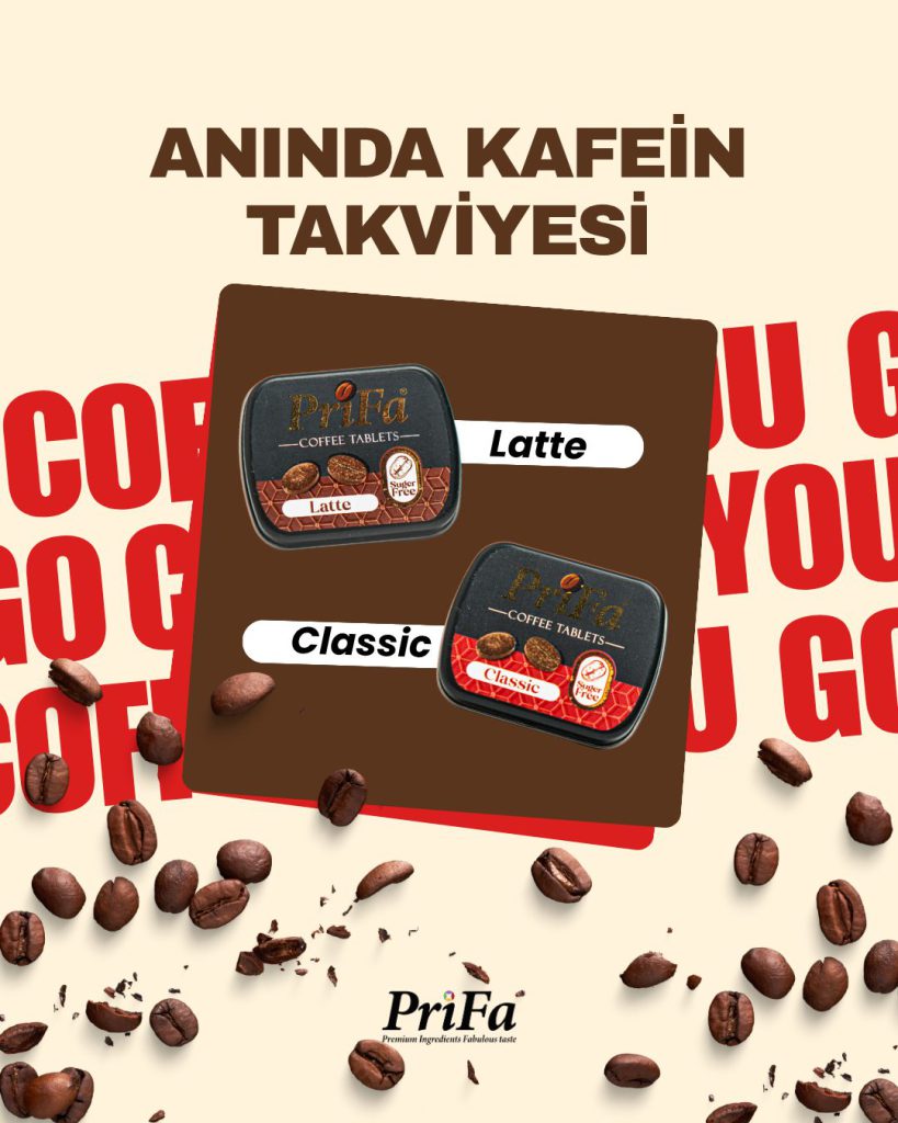 Classic ve Latte tabletlerini gösteren Anında Kafein Takviyesi sosyal medya tasarımı