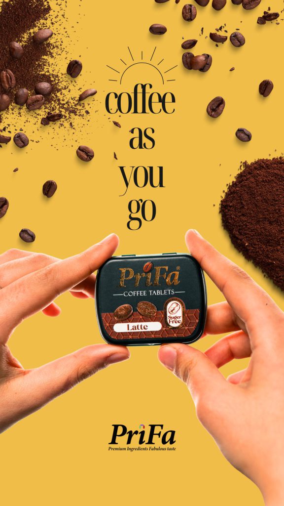 Elde tutulan Latte tableti kutusu ve Coffee as You Go yazısıyla hikâye tasarımı