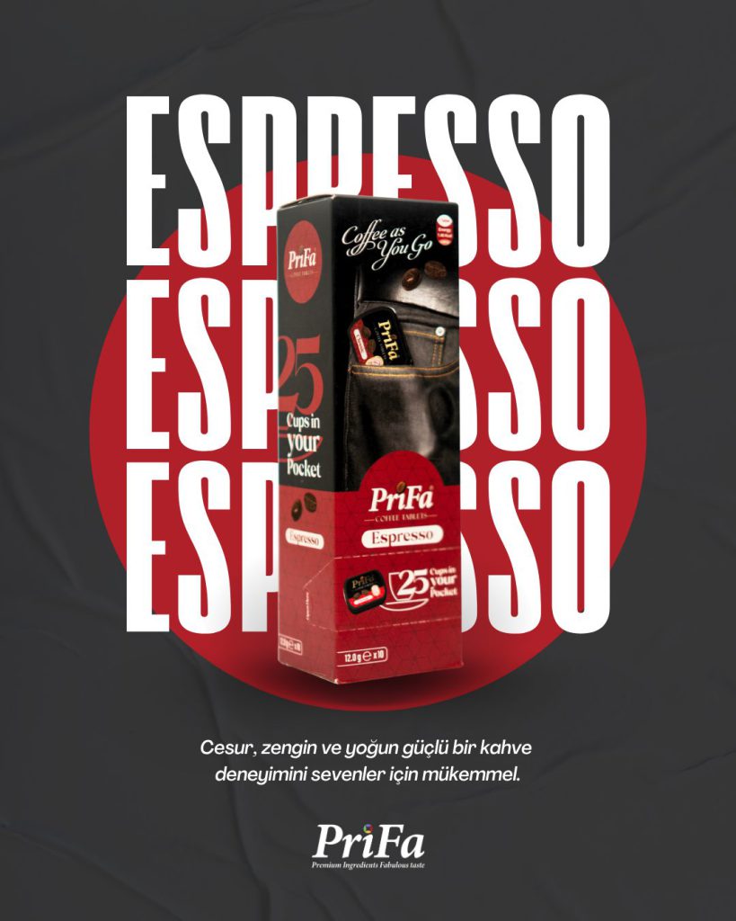 Prifa Espresso kahve tableti için kırmızı zeminli tipografik sosyal medya tasarımı