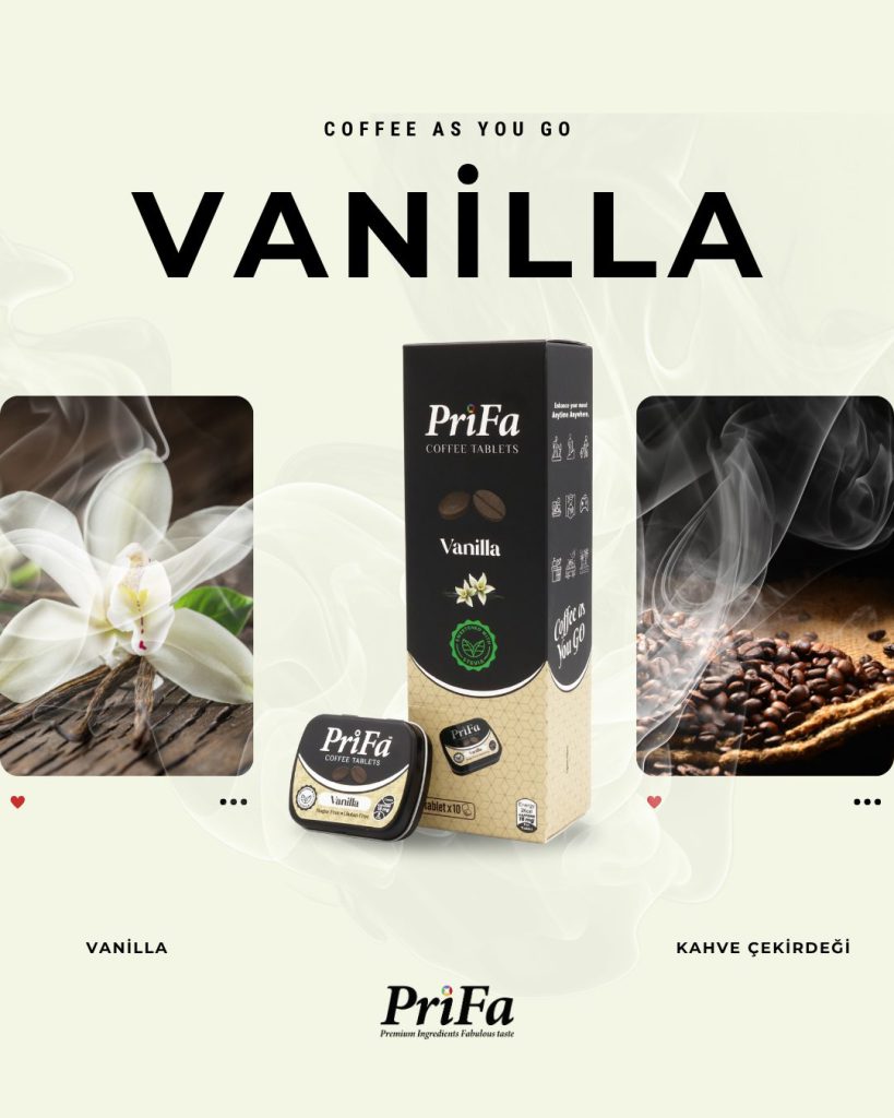 Vanilla aroması için vanilya çiçeği ve kahve çekirdeği görselleriyle kurulan tasarım