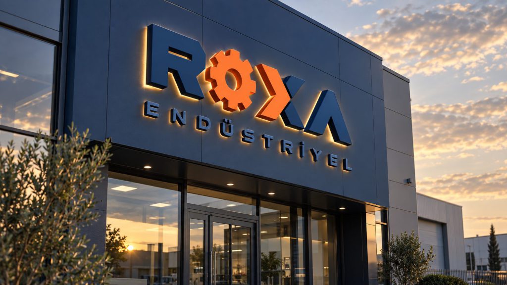 Roxa Endüstriyel bina cephesinde arkadan aydınlatmalı kutu harf tabela