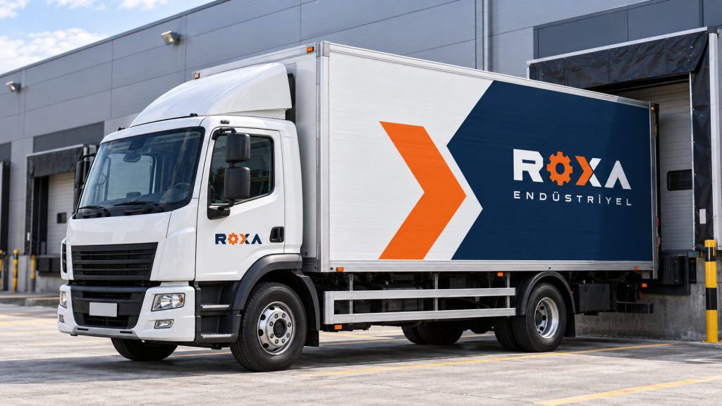 Roxa Endüstriyel kasa giydirmesi uygulanmış kamyon, yükleme rampasında