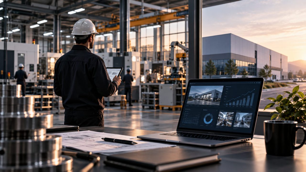 Üretim tesisinde tablet kullanan mühendis ve fabrika tanıtım görsellerinin görüntülendiği dizüstü bilgisayar
